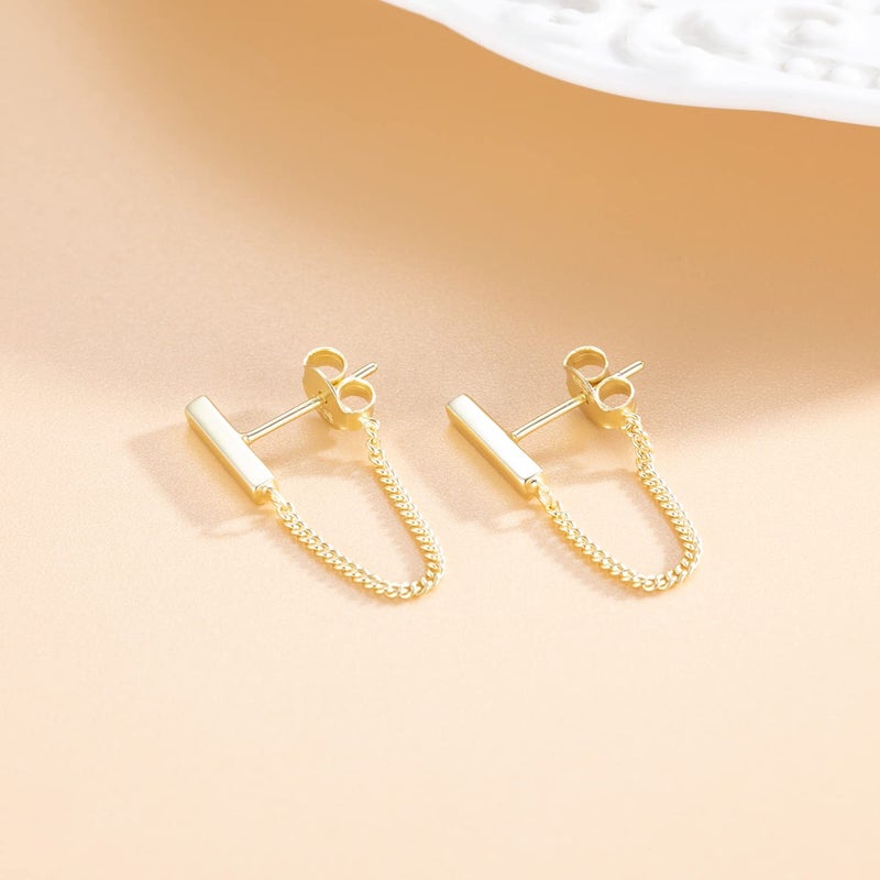 Reffeer 925 Sterling Silver Stud Earrings Minimalist Bar Earrings with Chain Dangle Earrings For Women (C-Yellow) - Image 4